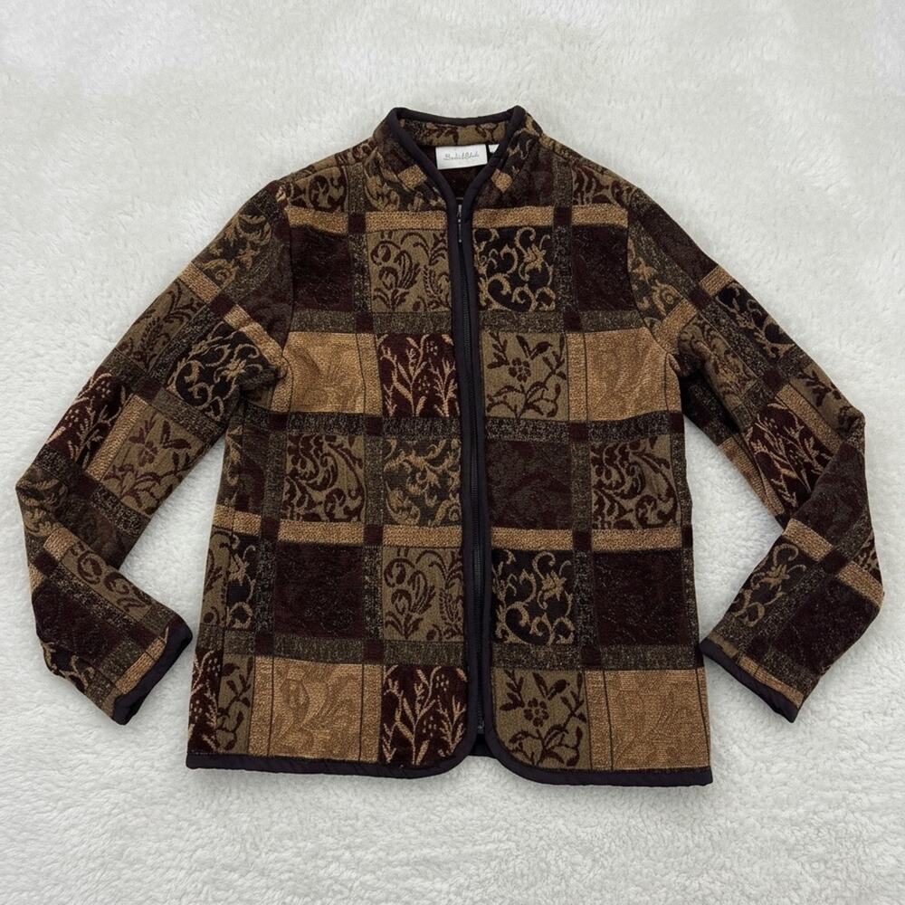 Studio Works Women's Brown Patchwork Floral Tapestry Full Zip Jacket - Sz S
 b82